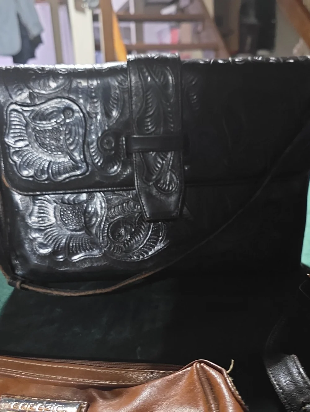 Lot Of Hand-Tooled Leather Messenger Bag - Black